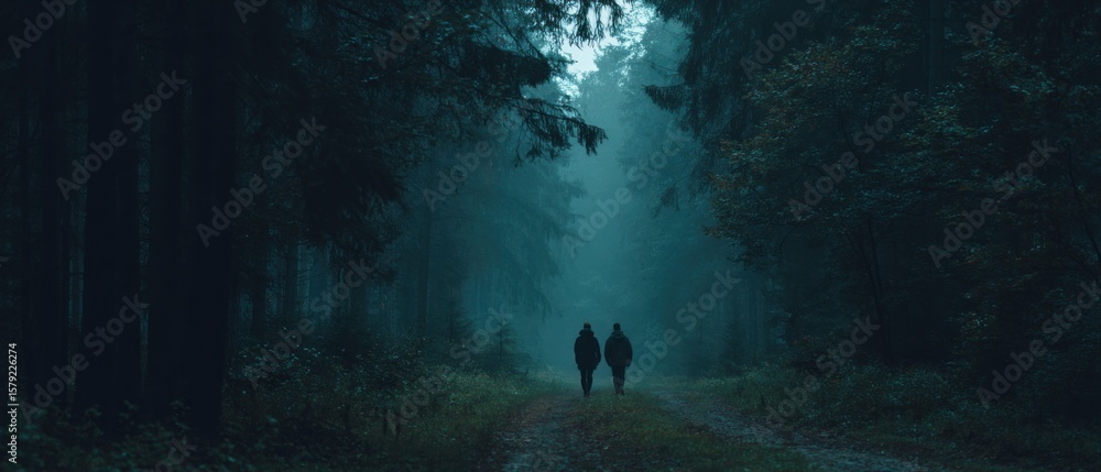 Fototapeta premium Two figures walk down a misty path in a dark forest with trees overhead and fog in the distance