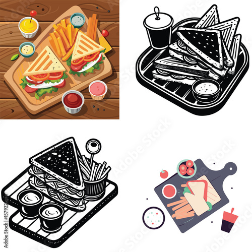 Delicious sandwiches and fries served with dipping sauces on a wooden board