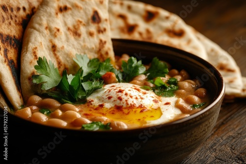 Traditional egyptian breakfast: ful medames with fava beans and flatbread