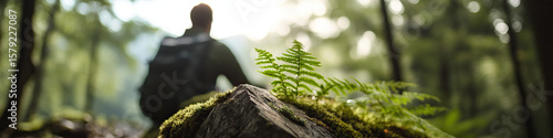 Fern and Moss on Rock with Blurred Person in Forest