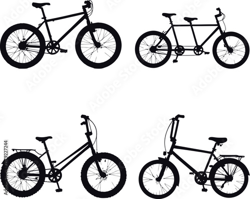 Silhouettes of Wheeled Journeys: A Minimalist Quartet Depicting Mountain, Tandem, Folding, and BMX Bikes—Each Celebrating Motion, Purpose, and Lifestyle Variety