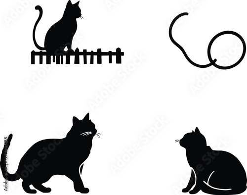 Silhouettes of Feline Poise and Quiet Wonder: A Minimalist Quartet Featuring Cats in Distinct Poses of Curiosity, Balance, and Serenity