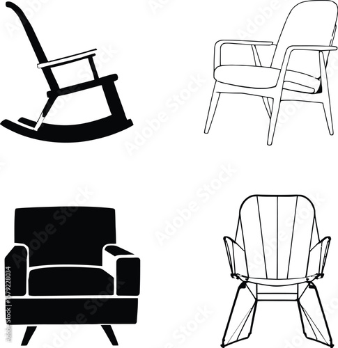 Silhouettes of Sitting Stories: A Minimalist Quartet Featuring Rocking, Armchair, Lounge, and Wireframe Chairs Celebrating Domestic Comfort and Design Diversity