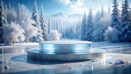 ice podium against winter outside scene, display stage of product, cold background for product presentation. mockup platform. cool stand pedestal round podium
