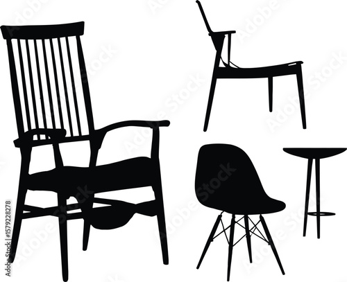 Silhouettes of Furniture in Form and Function: A Minimalist Quartet Showcasing Classic Chairs and Round Table in Varied Design Celebrating Everyday Utility and Comfort
