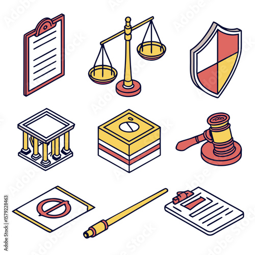 Isometric law and justice icons collection with scales gavel courthouse and shield