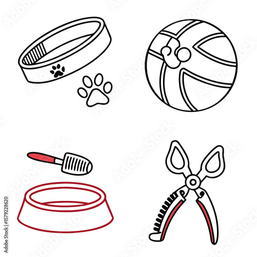 Collection of essential pet care items including a collar paw print ball food bowl and nail clippers