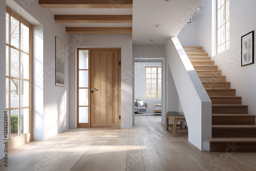 Bright entryway with wooden door stairs and beams in modern home interior design with natural light
