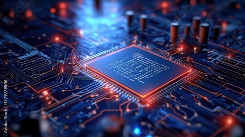 Highly detailed close-up of a modern computer circuit board with microchip illuminated by blue and orange lights