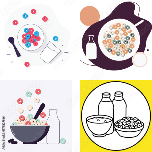 Colorful cereal bowls with milk bottles and spoons for breakfast