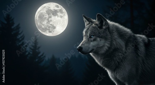Majestic wolf under a full moon in a dark forest