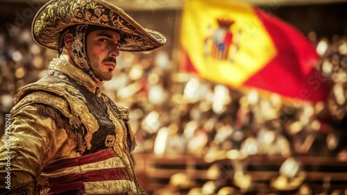 Portrait of a Torero in Ornate Costume with Spanish Flag Backdrop in the Arena