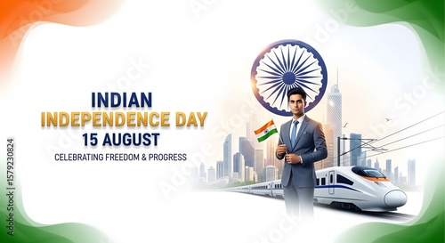 Wallpaper Mural Man holding indian flag with ashoka chakra and modern train celebrating independence day Torontodigital.ca