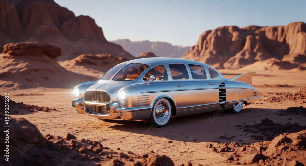 Obraz premium Futuristic Silver Car with Fins in Desert Landscape Headlights On.
