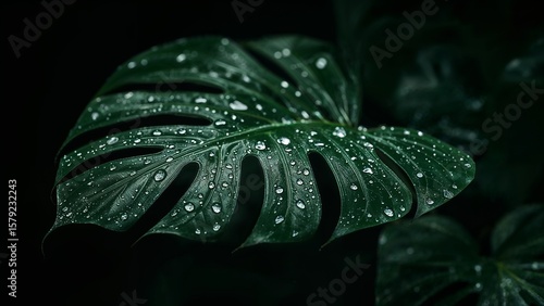 Wallpaper Mural Close up of a monstera leaf covered in water droplets against a dark blurred background Torontodigital.ca