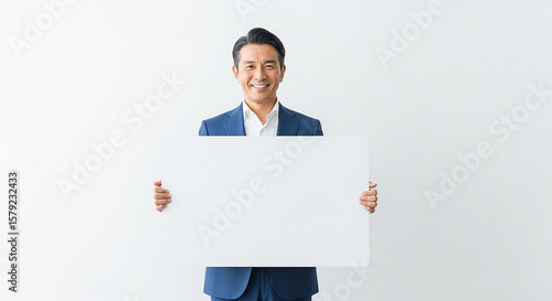 Smiling Asian Business Man Holding Blank Sign Board Against White Background