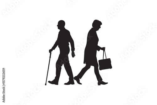 Silhouette of an elderly couple walking the man with a cane and the woman with a bag isolated on white symbolizing aging companionship and active