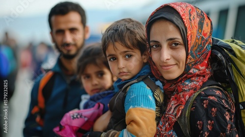A refugee family arriving at a border station seeking asylum and being welcomed by aid workers