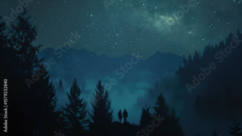 Couple standing in misty forest under starry night sky with mountain silhouette and peaceful mood