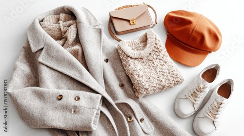 Flat lay of autumn women’s fashion outfit with warm coat, cap, and sneakers on white background.