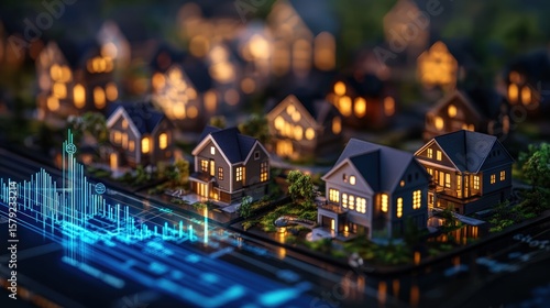 Detailed miniature model of a modern suburban neighborhood illuminated at night with digital overlay showcasing data analysis and smart city concepts