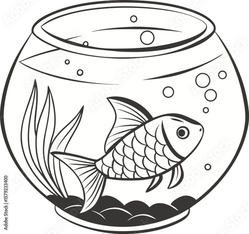 Fish Bowl Black and White Vector Illustration for Coloring Page and Aquarium Design