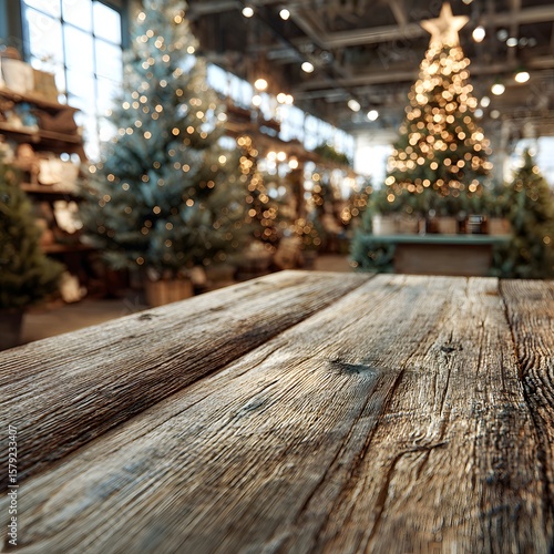Rustic wood table christmas tree background holiday season display