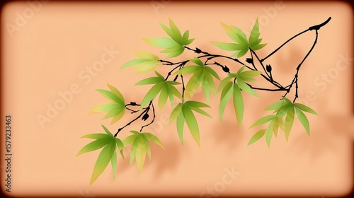 Delicate green bamboo branch with leaves against a warm peach background with brown border