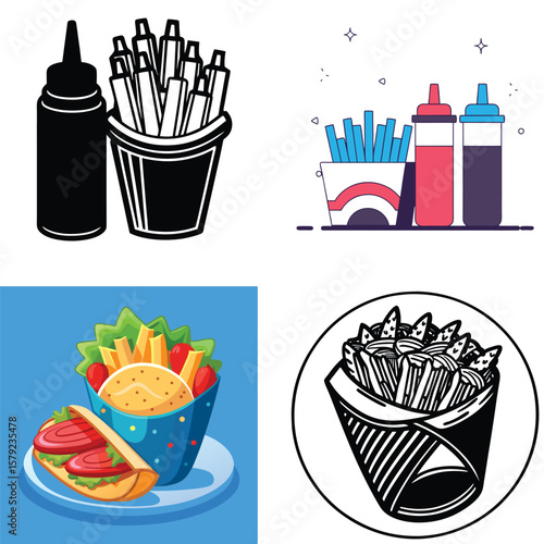Assortment of fast food items including fries wraps and condiments