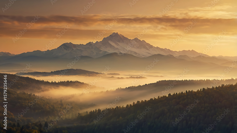 Fototapeta premium Mountain layers fading into the distance under a golden sunset sky with soft mist and atmospheric perspective. Warm and tranquil mood, no human elements, perfect as a nature background or calming 