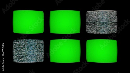 Old Monitors with green screens with CCTV cameras video footage. CRT TV screens with chroma key and interference. Security Camera Monitors with green screens. Looping animation.