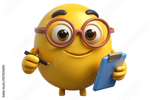 Yellow character with glasses holding pen and clipboard emoji