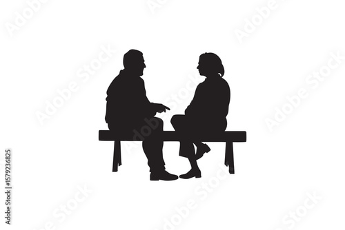 Silhouette of a man and woman sitting on a bench in conversation isolated on white background depicting communication relationship and possibly a serious or private