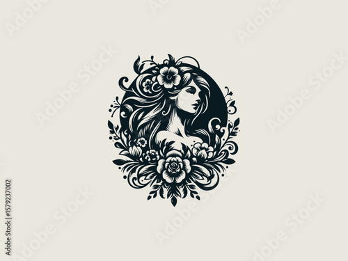 Elegant floral goddess vector logo with blooming flower wreath for beauty salons or cosmetic brands