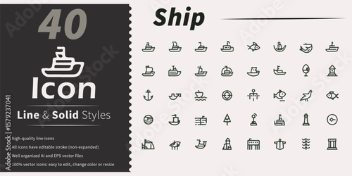 Collection of 40 marine and nautical line art icons in various styles