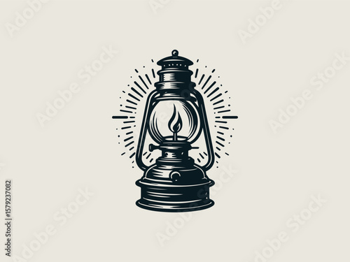 Vintage kerosene lamp vector logo with glowing flame for antique shops or historical museums