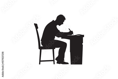 Silhouette of a man sitting at a desk writing isolated on a white background representing studying working or creative writing in a simple and graphic