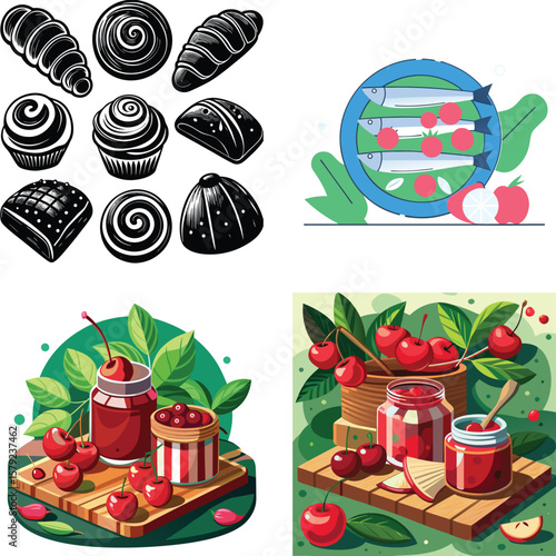 A collection of delicious baked goods and fresh cherries with jars