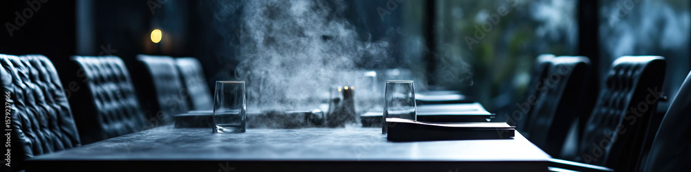 Obraz premium Restaurant Table Setting with Steam and Empty Glasses