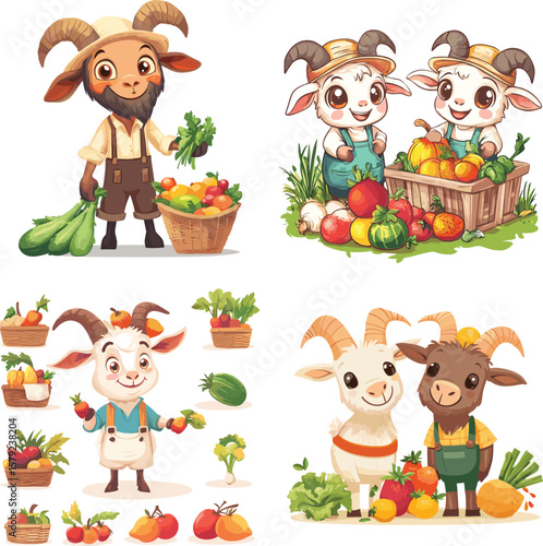 Cute goat farmers harvest fruit and vegetables cartoon character illustration vector style on white background