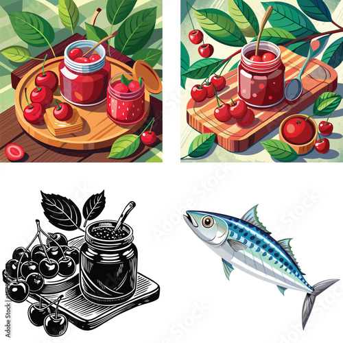 Fresh cherries and jam preserved with a mackerel fish illustration