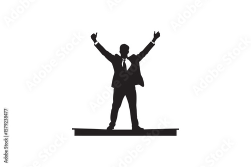Silhouette of a triumphant businessman standing with arms raised in victory symbolizing success achievement and leadership in a minimalist black and white design