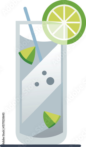 Refreshing Lime Gin and Tonic Cocktail Drink in Tall Glass with Straw and Lime Wedge...