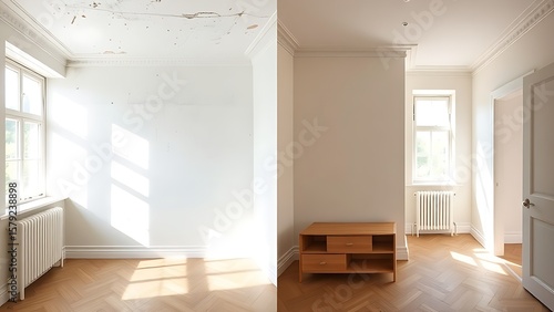 Side-by-side comparison of a room corner showing transformation from old to renovated state.