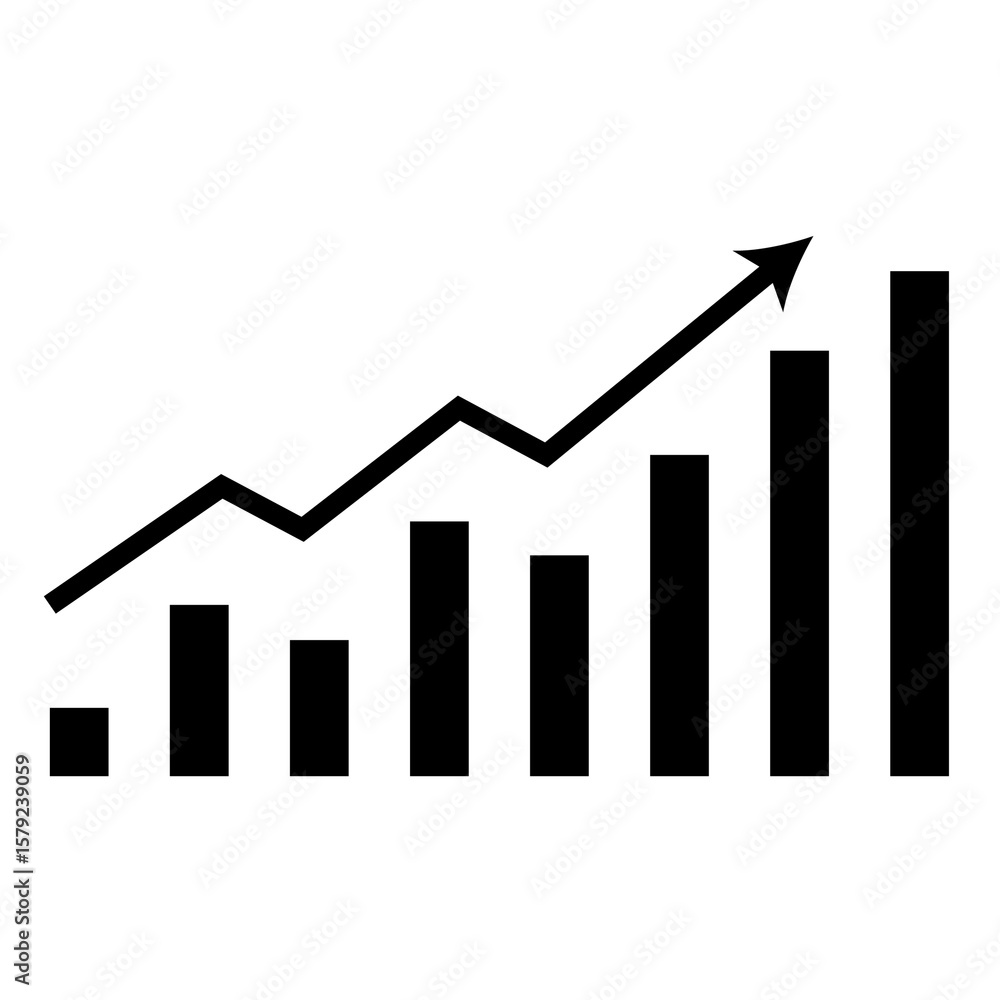 Black and White Growth Graph with Vertical Bars and Arrow indication progress Black and White Growth Graph with Vertical Bars and Arrow indication progress