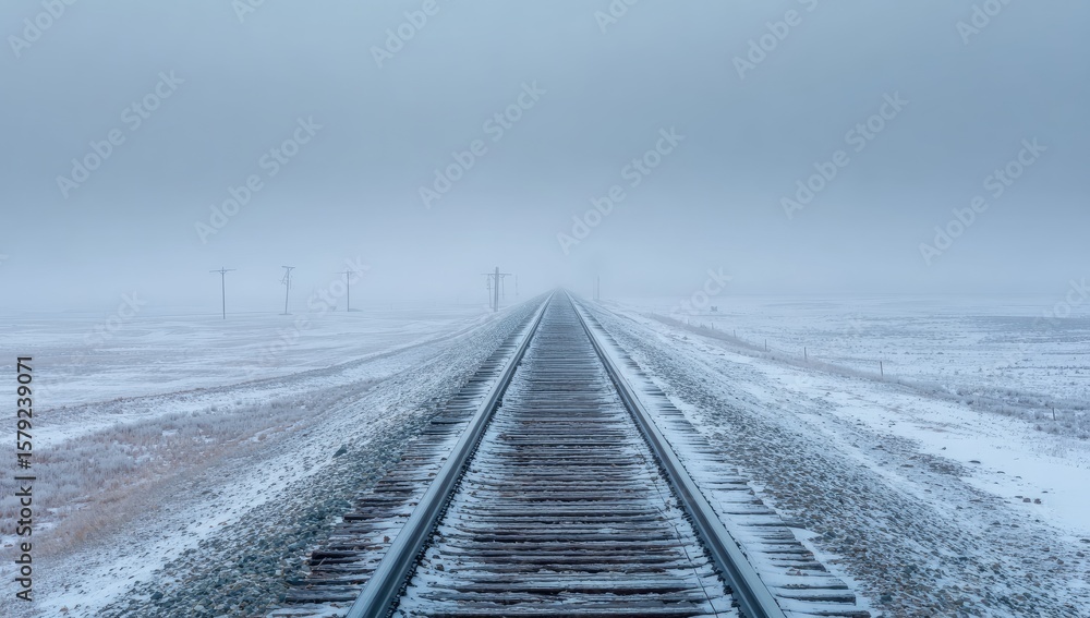 Fototapeta premium A snow-covered, desolate railway track vanishes into a thick, grey fog under a muted sky