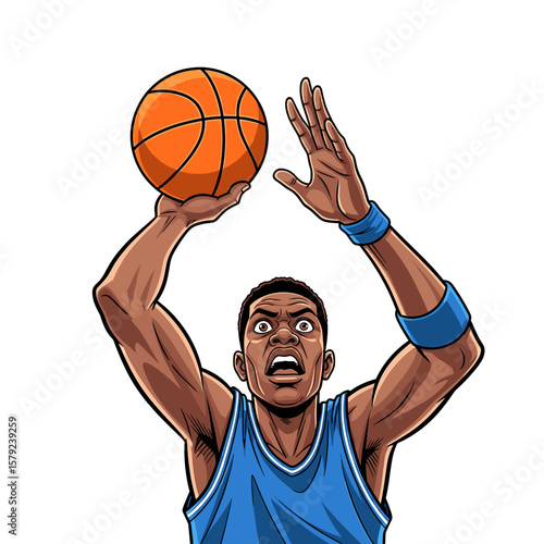 A determined basketball player shoots the ball towards the hoop, focused on the goal.