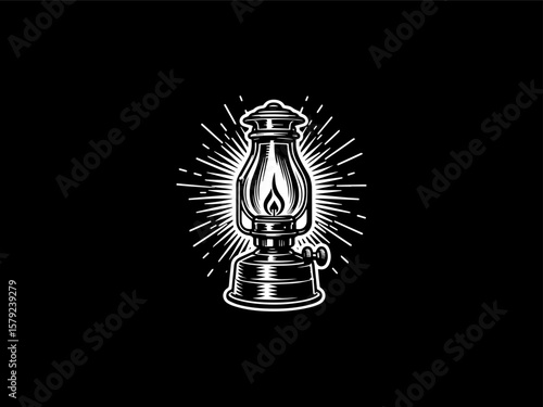 Vintage kerosene lamp vector logo with glowing flame for antique shops or historical museums