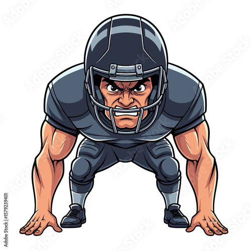 A determined football player in a crouched stance, ready to compete.