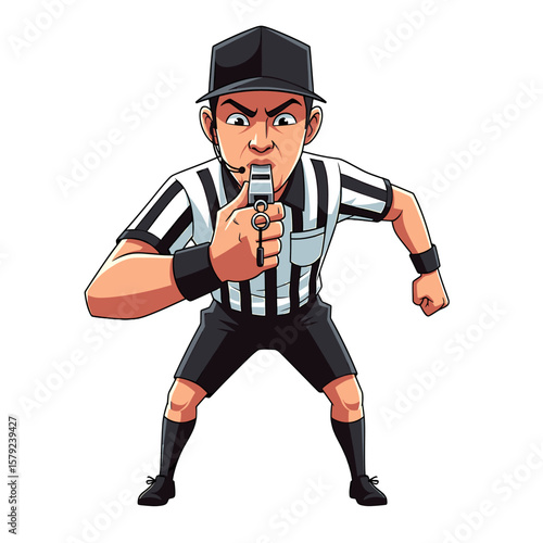Cartoon illustration of a determined sports referee blowing a whistle.